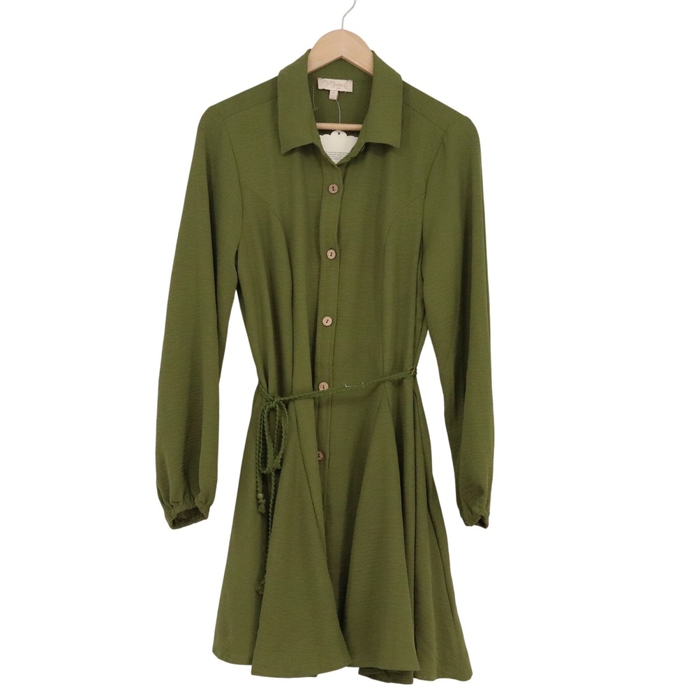Indulge In Style Olive Green Button Down Mini Dress XL Long Sleeve Belted New